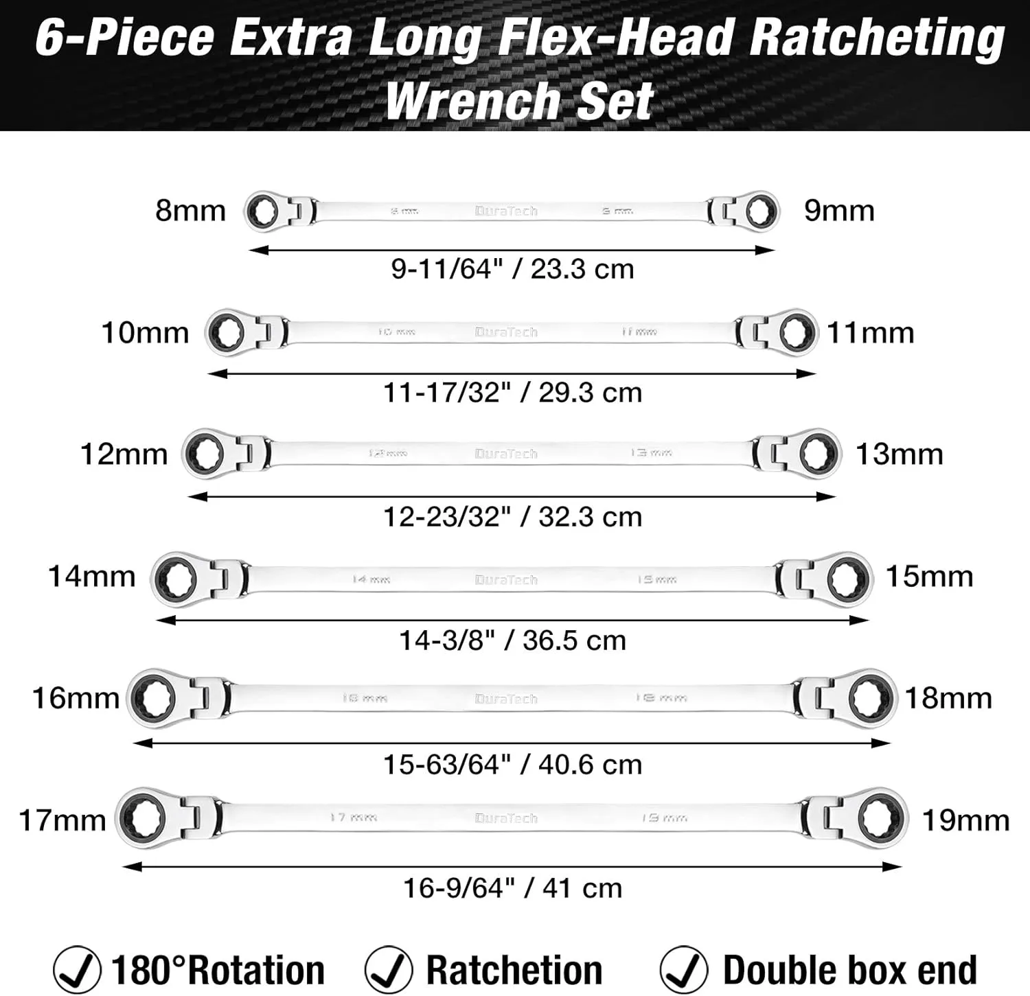 DURATECH Extra Long Flex-Head Ratcheting Wrench Set, Double Box End Wrench Set, 6-Piece, Metric 8-19 mm, CR-V Steel, with Pouch