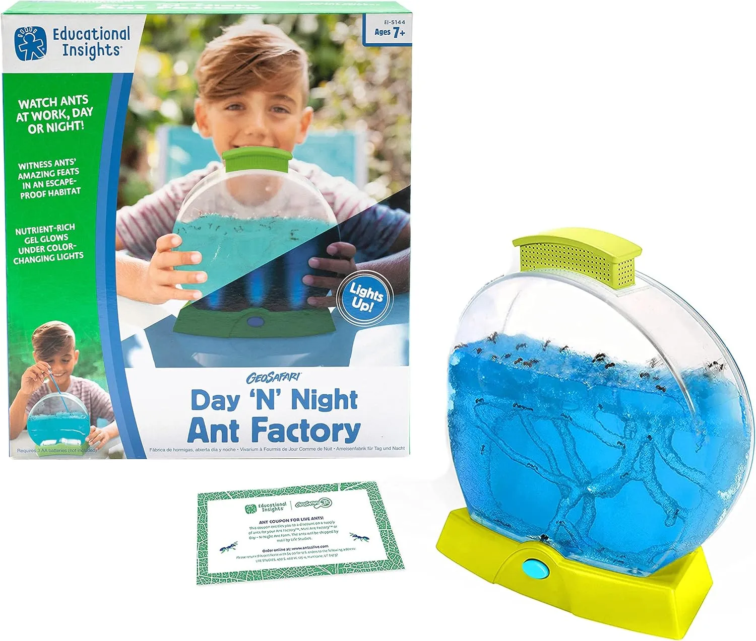 Educational Insights GeoSafari Day 'N' Night Ant Factory - Ant Farm with Live Ants, Kids Science Kit, at Home STEM Bug Kit, Light-Up Habitat for Viewing Ants, Starter Sets and Nature Toys for Ages 7 