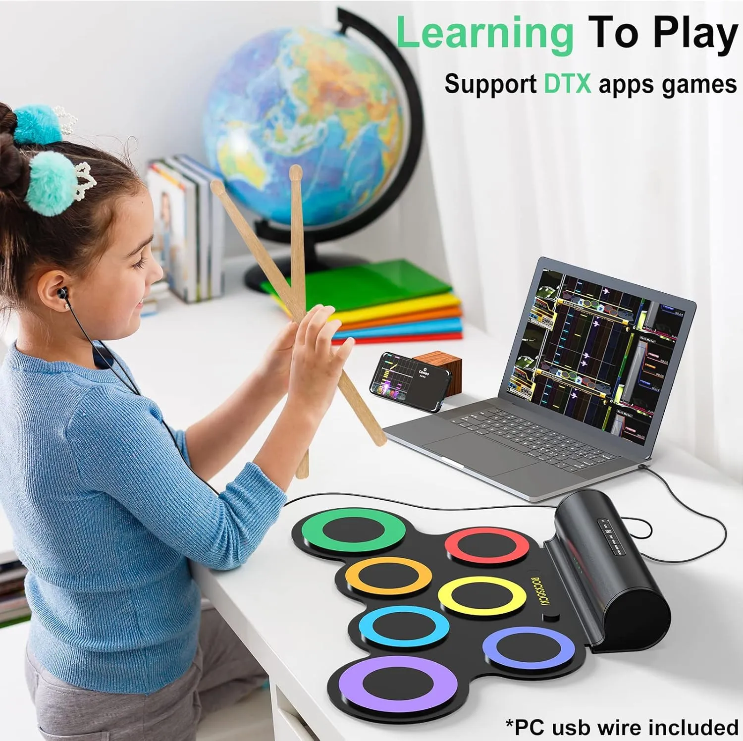 Electric Drum Set, 7-Pad Electronic Drum Set with Headphone Included, Roll-up Drum Pad For Kids, Great Holiday Xmas Birthday Gift (Dual Speakers)