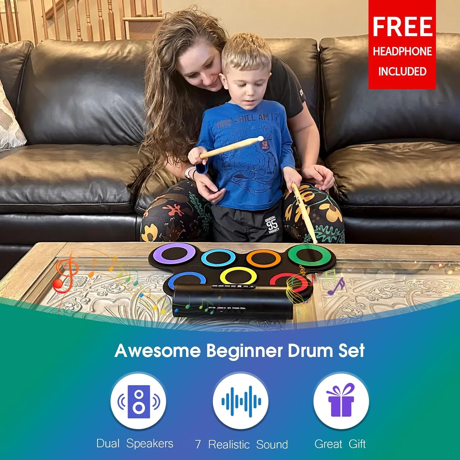 Electric Drum Set, 7-Pad Electronic Drum Set with Headphone Included, Roll-up Drum Pad For Kids, Great Holiday Xmas Birthday Gift (Dual Speakers)