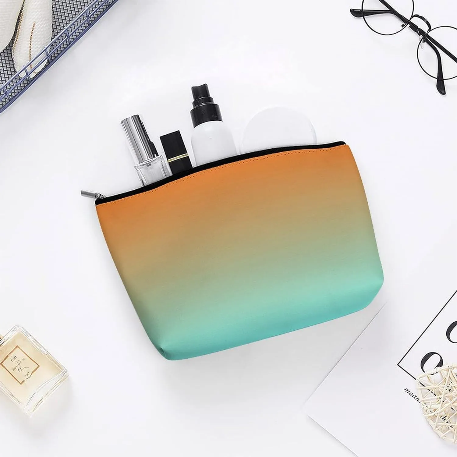 Elegant Makeup Bag, Light Aqua Orange Ombre Cosmetic Bag Large Capacity Pouch Portable Organizer for Men & Women
