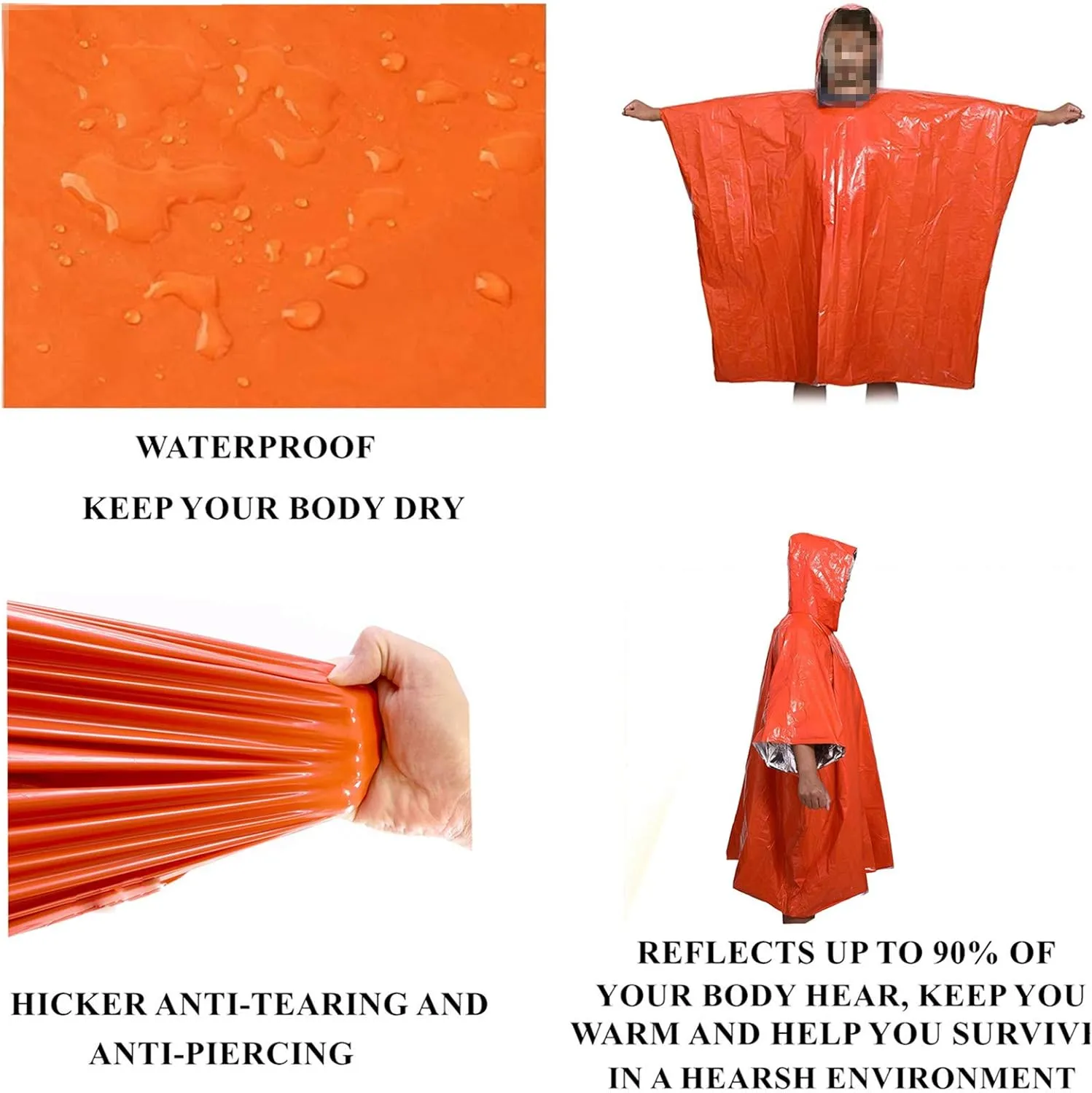 Emergency Blanket Poncho, 4 Pack Ultralight Waterproof Thermal Survival Space Blanket Ponchos with Hood for Camping Hiking Outdoor
