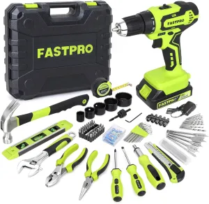 FASTPRO 177-Piece 20V Cordless Lithium-ion Drill Driver and Home Tool Set, Household Repairing Kit with in Storage Case, Green