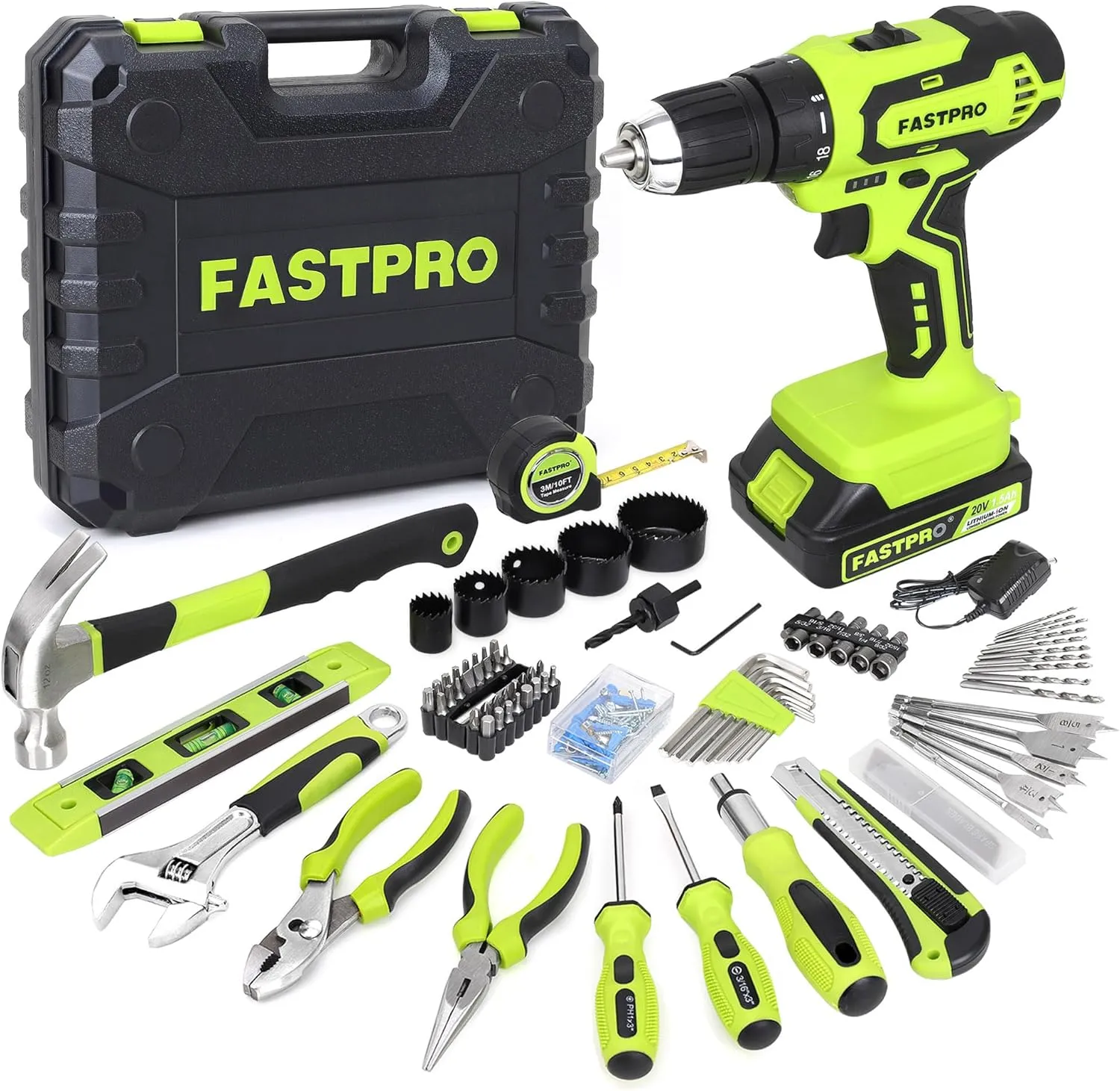 FASTPRO 177-Piece 20V Cordless Lithium-ion Drill Driver and Home Tool Set, Household Repairing Kit with in Storage Case, Green