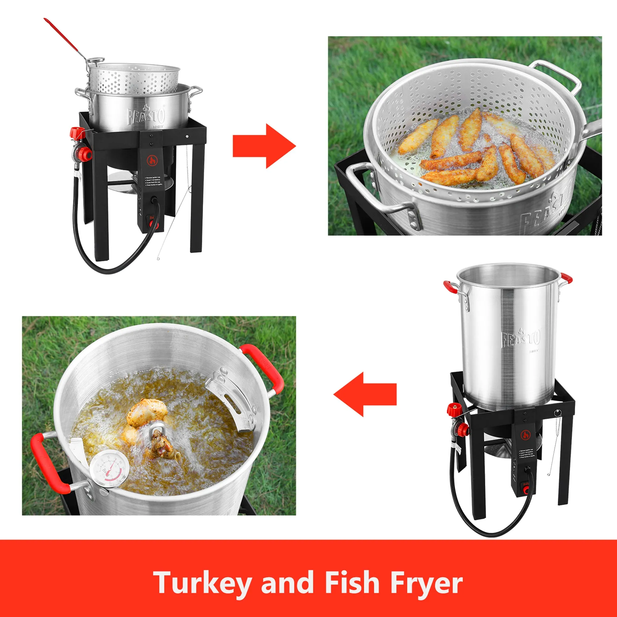 FEASTO 4 in 1 Turkey and Fish Fryer Set with 30 Qt & 10 Qt Aluminum Pots Electronic Ignition Outdoor Propane Gas Cooker with Adjustable 0-10 PSI Regulator Non-Assembly Frame Stand