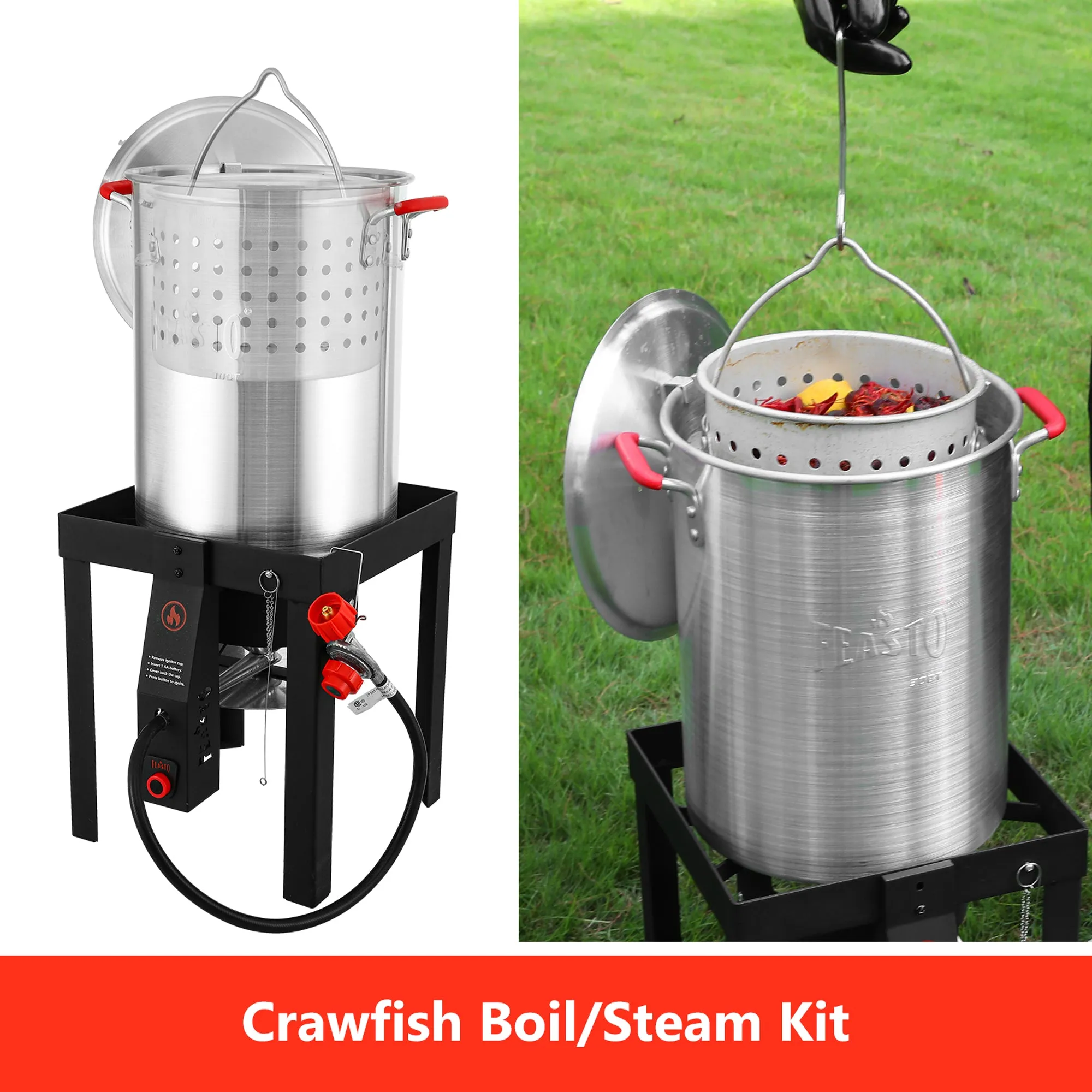 FEASTO 4 in 1 Turkey and Fish Fryer Set with 30 Qt & 10 Qt Aluminum Pots Electronic Ignition Outdoor Propane Gas Cooker with Adjustable 0-10 PSI Regulator Non-Assembly Frame Stand