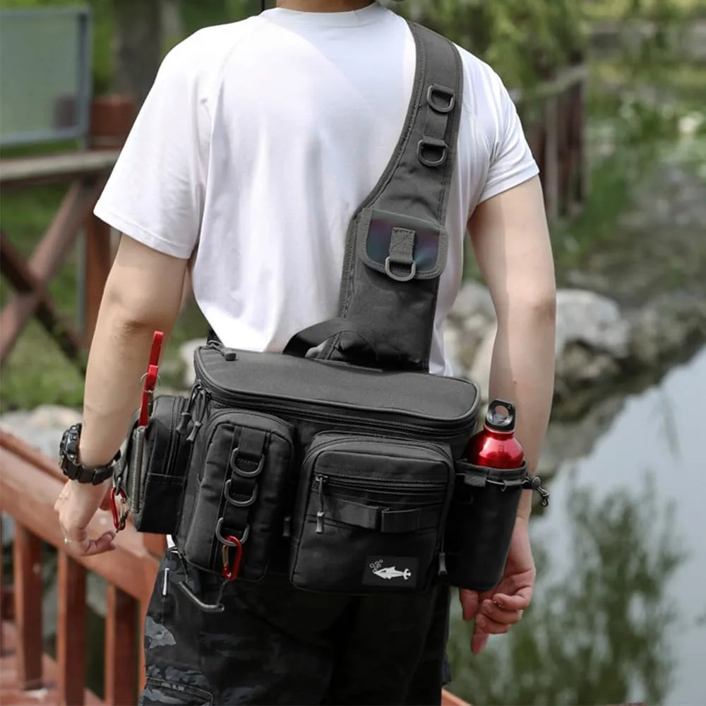 Fishing Tackle Bag Fishing Gear Storage Bag Shoulder Bag Large Capacity with Multi Pockets and Hooks Waterproof for Saltwater or Freshwater Fishing Size 16.5 * 6.7 * 8.2in, Black Camo