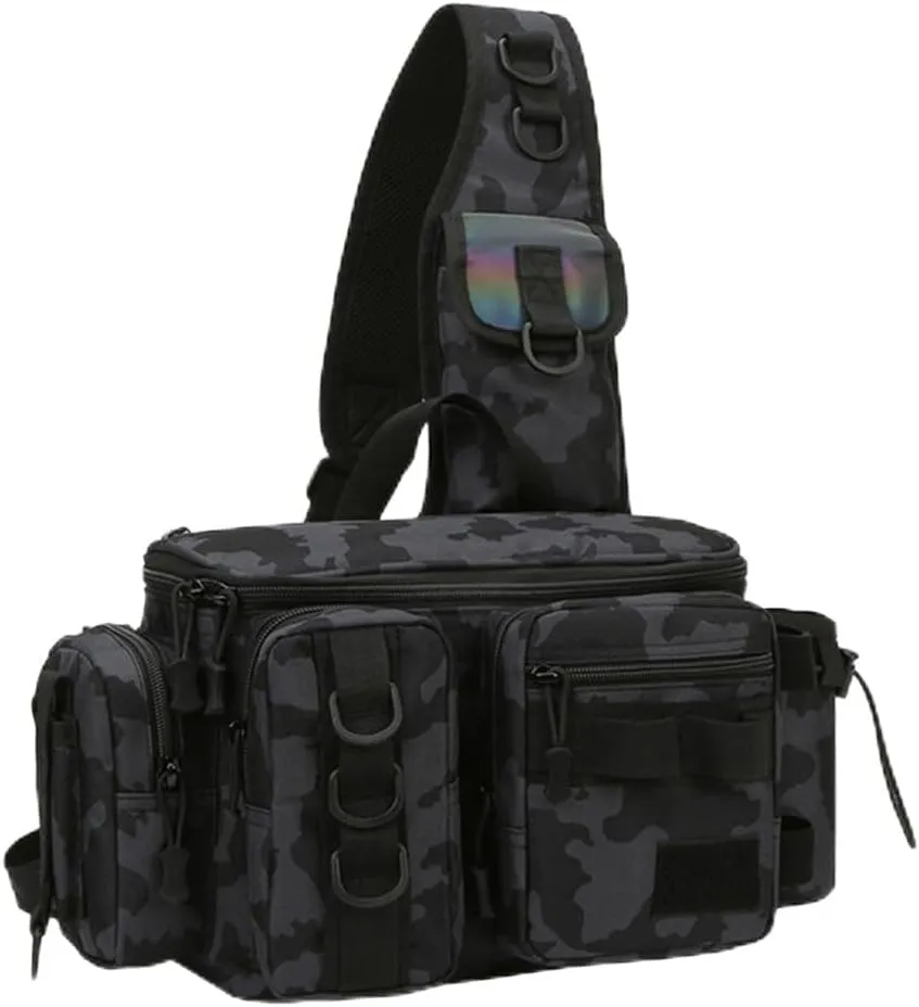Fishing Tackle Bag Fishing Gear Storage Bag Shoulder Bag Large Capacity with Multi Pockets and Hooks Waterproof for Saltwater or Freshwater Fishing Size 16.5 * 6.7 * 8.2in, Black Camo