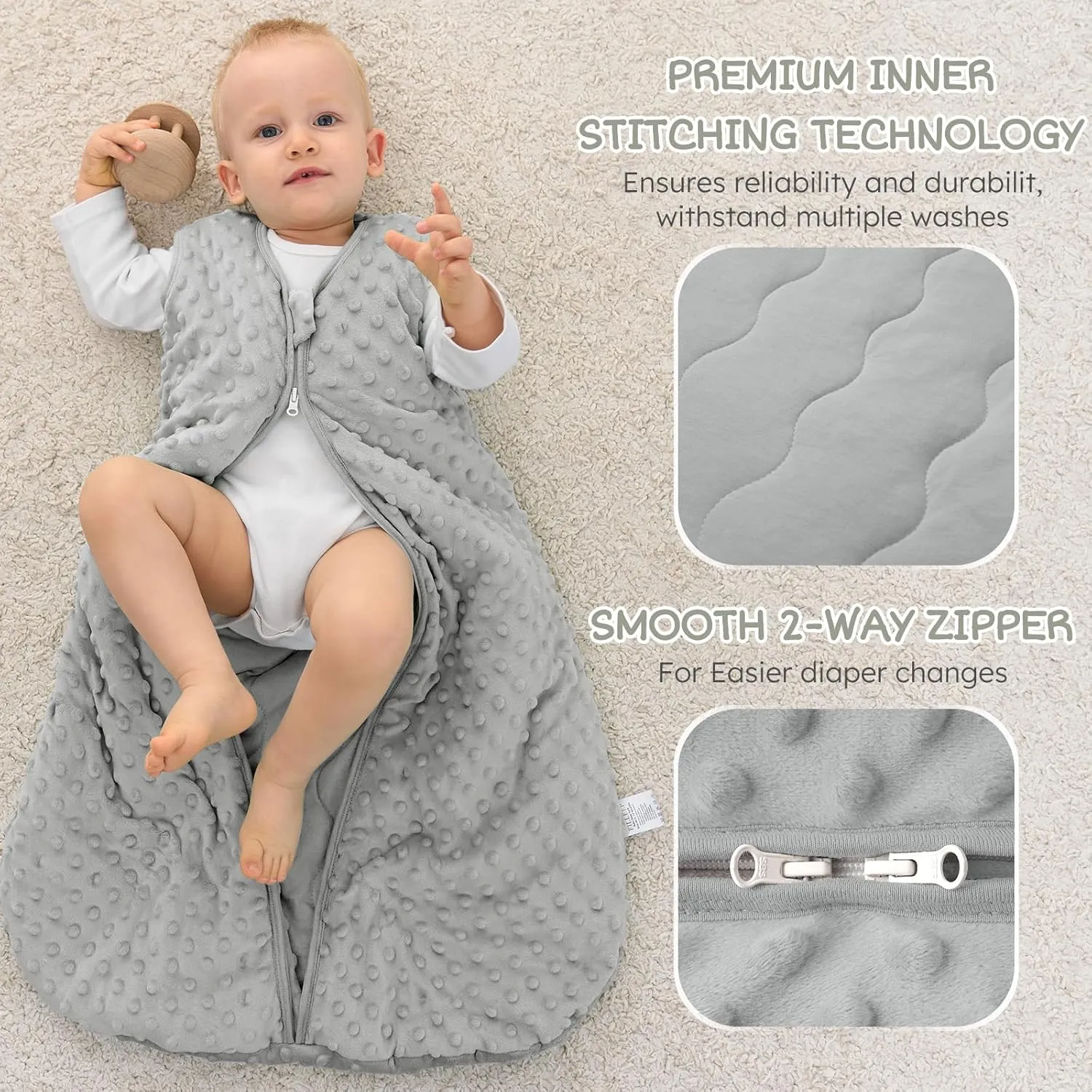 Fleece Baby Sleep Sack 6-12 Months 2.5 Tog with Plush Dots, Winter Baby Wearable Blanket for Infant Toddler Sleeping Sack 2-Way Zipper Warm Sleepsack, Grey