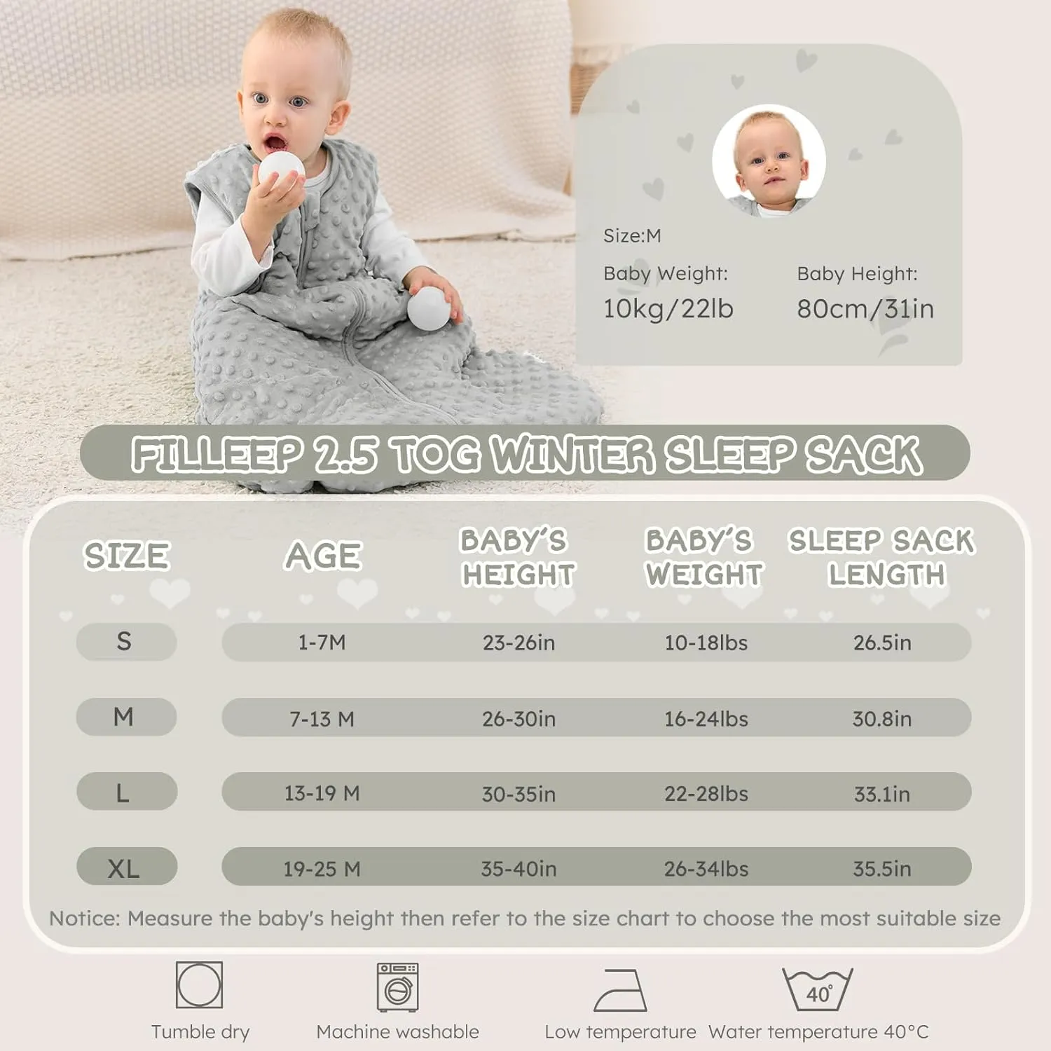 Fleece Baby Sleep Sack 6-12 Months 2.5 Tog with Plush Dots, Winter Baby Wearable Blanket for Infant Toddler Sleeping Sack 2-Way Zipper Warm Sleepsack, Grey