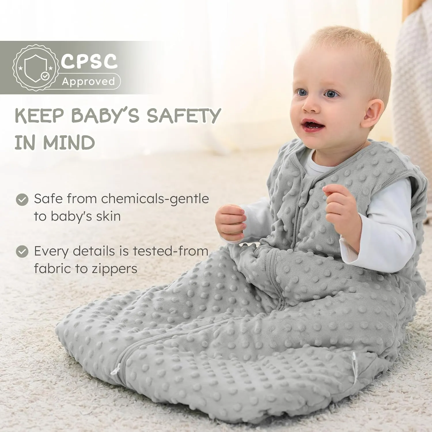 Fleece Baby Sleep Sack 6-12 Months 2.5 Tog with Plush Dots, Winter Baby Wearable Blanket for Infant Toddler Sleeping Sack 2-Way Zipper Warm Sleepsack, Grey