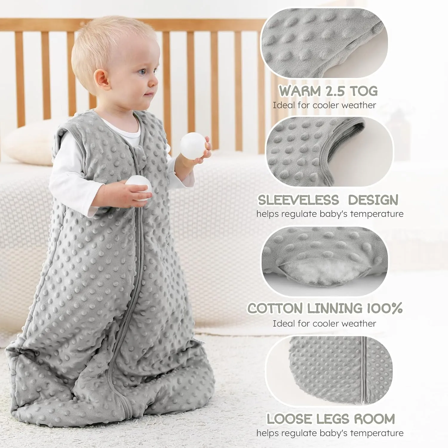 Fleece Baby Sleep Sack 6-12 Months 2.5 Tog with Plush Dots, Winter Baby Wearable Blanket for Infant Toddler Sleeping Sack 2-Way Zipper Warm Sleepsack, Grey