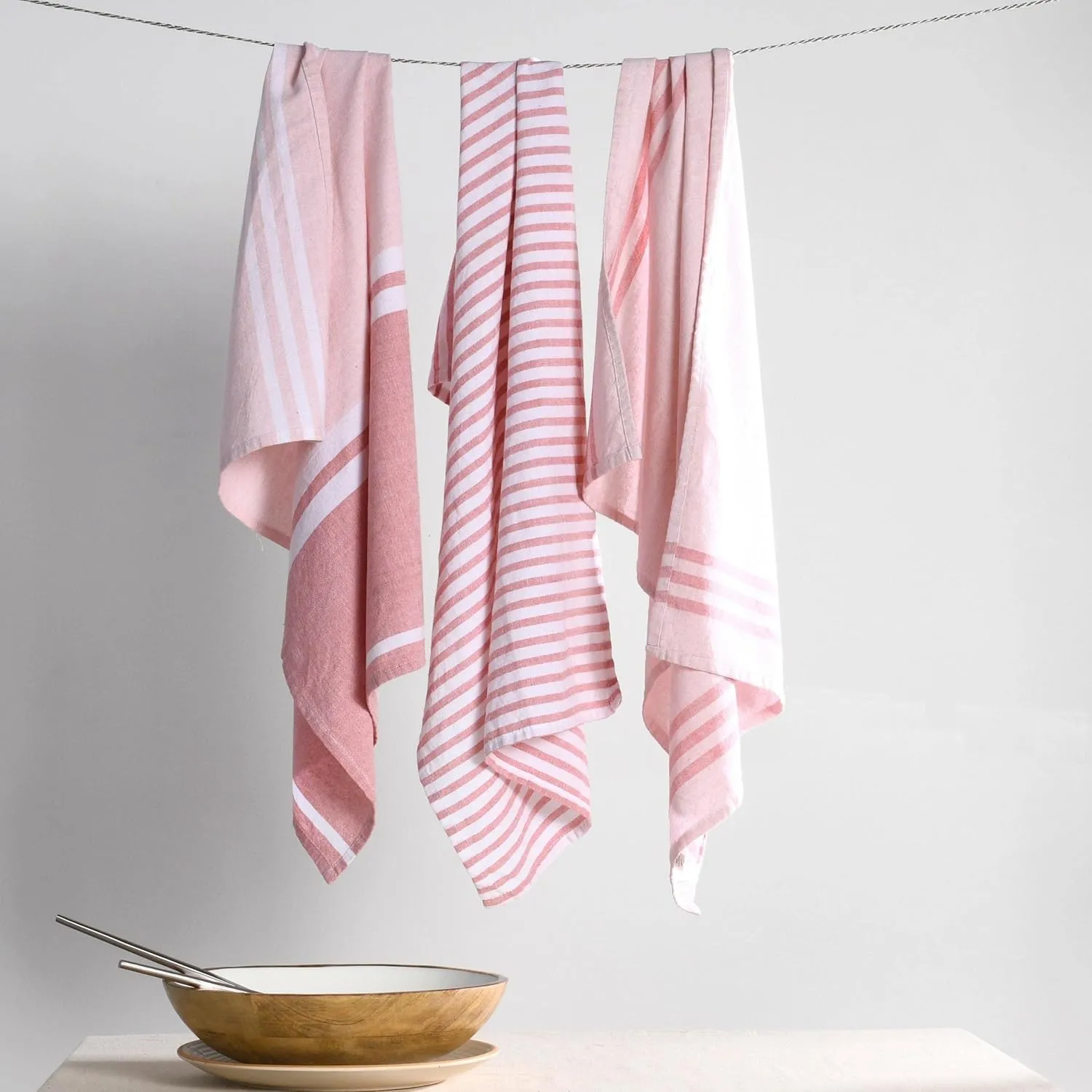 Folkulture Pink Kitchen Towels with Hanging Loop, Dish Towels for Kitchen Décor, Kitchen Hand Towels or Tea Towels for Kitchen, Farmhouse or Boho Kitchen Towels, 20" x 28", Set of 3