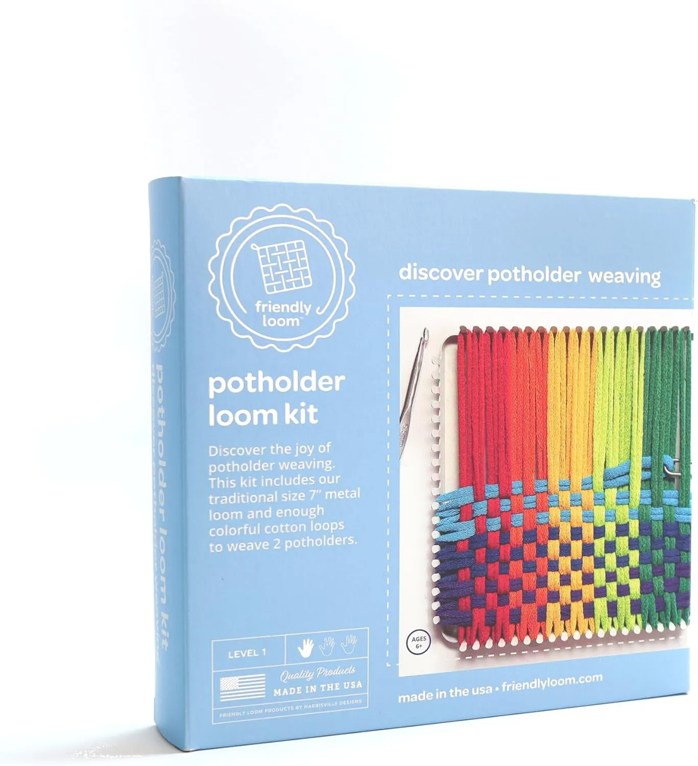 Friendly Loom 7” Traditional Potholder Weaving Kit | Sturdy Metal Loom and Quality Cotton Weaving Loops in Rainbow Colors | Complete Kit to Weave 2 Functional Potholders | Made in the USA