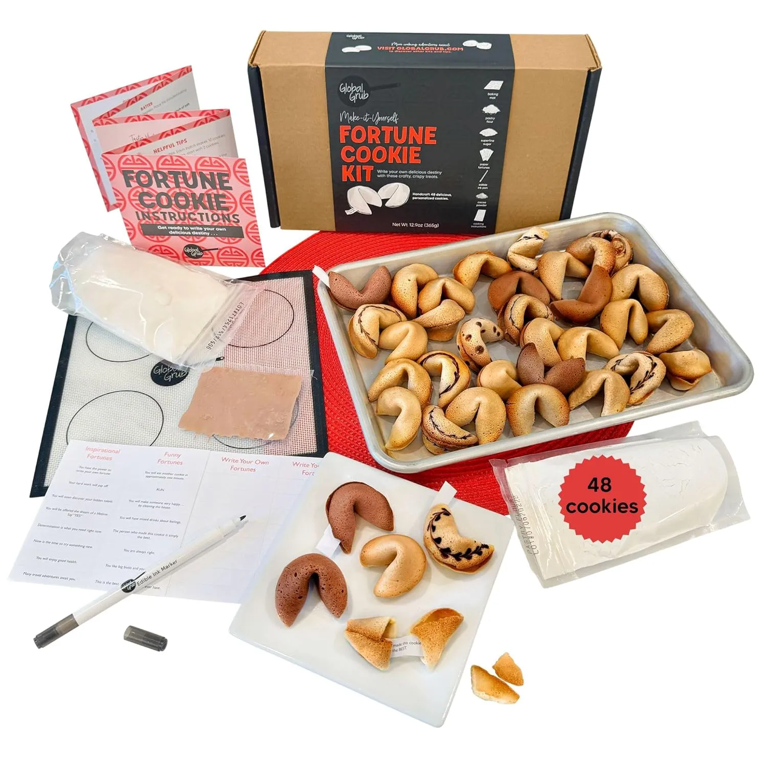 Global Grub DIY Fortune Cookie Kit | Makes 48 | Includes Flour, Sugar, Cocoa Powder, Baking Mat, Paper Fortunes, Edible Ink Pen, Detailed Instructions