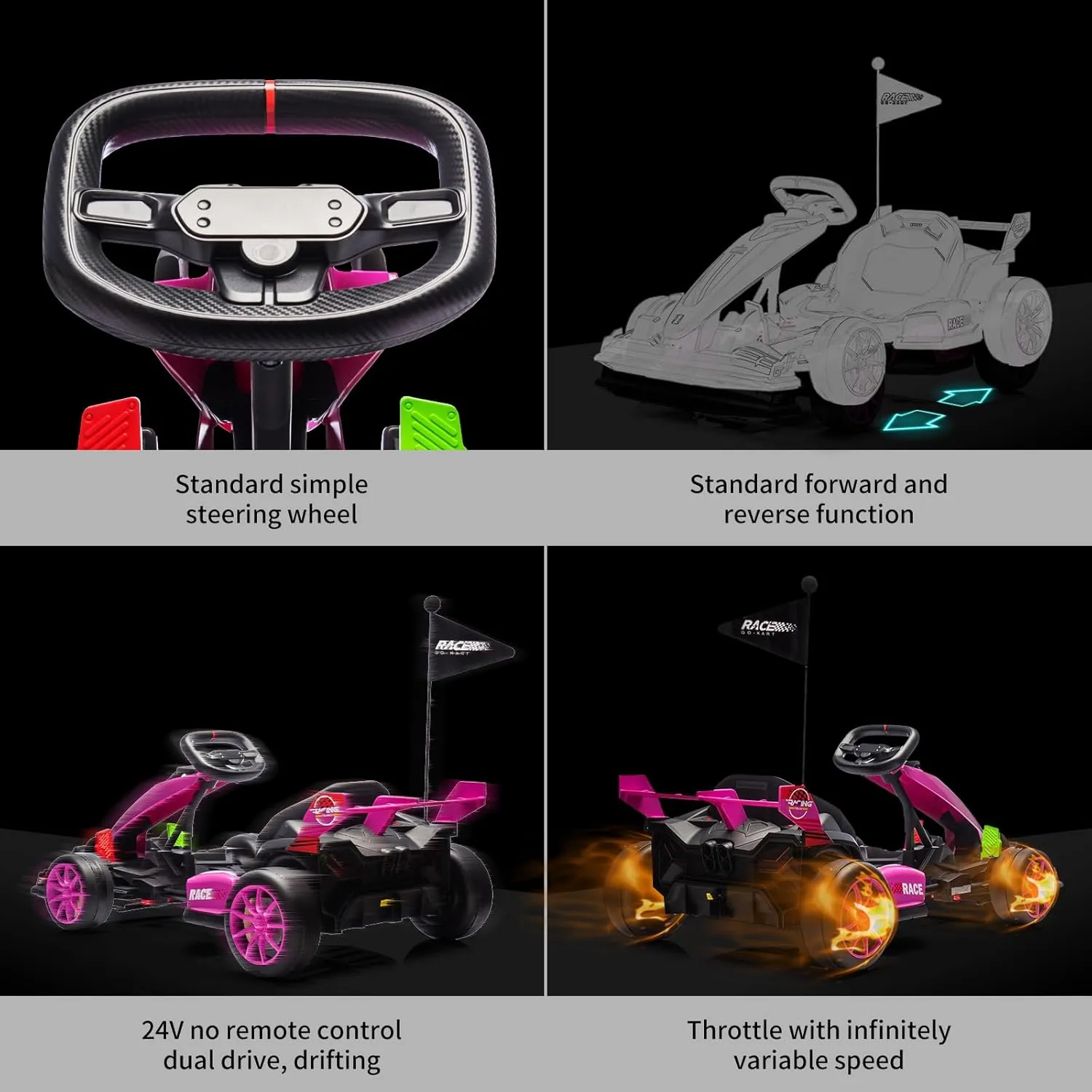 Go Kart Electric Drift Kart Car with Adjustable Seat, 24V Outdoor Ride On Toy with Variable Speed Mode, Crazy Cart for Kids 6  Years Old, High-Speed Racing and Immersive Gaming Combo for Big Kids