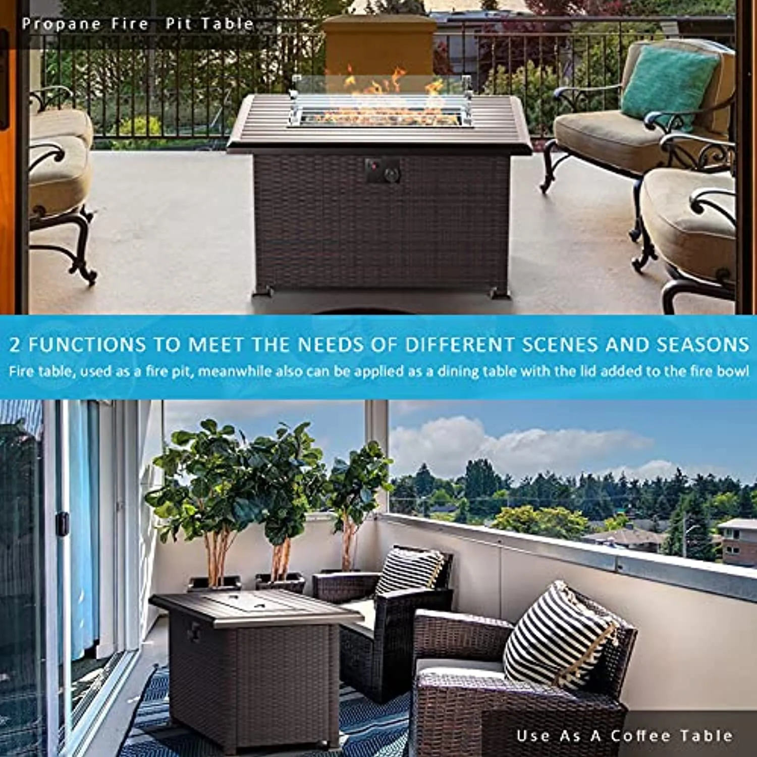 Gotland Outdoor Propane Fire Pit Table 43.3 Inch Gas Fire Pits, 50,000 BTU Firepits Auto-Ignition ETL Certification Bonfire Set Fire Pit Table w/Burner Lid & Glass Wind Guard and Waterproof Cover