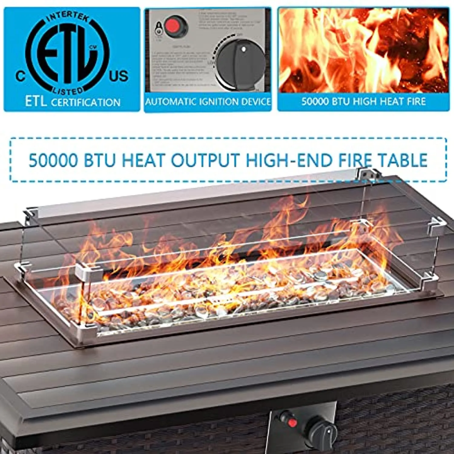 Gotland Outdoor Propane Fire Pit Table 43.3 Inch Gas Fire Pits, 50,000 BTU Firepits Auto-Ignition ETL Certification Bonfire Set Fire Pit Table w/Burner Lid & Glass Wind Guard and Waterproof Cover