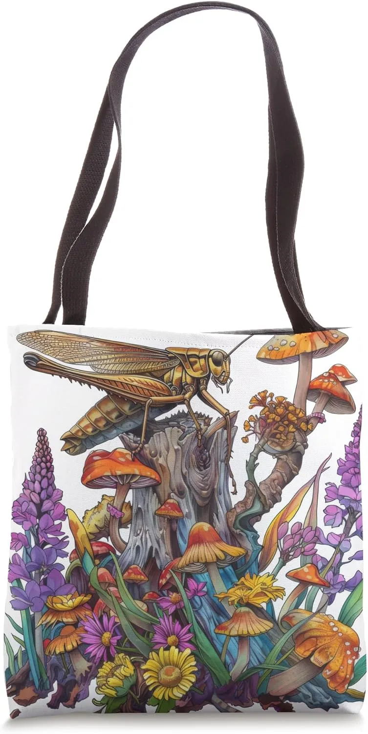 Grasshopper drawing with Flowers Tote Bag