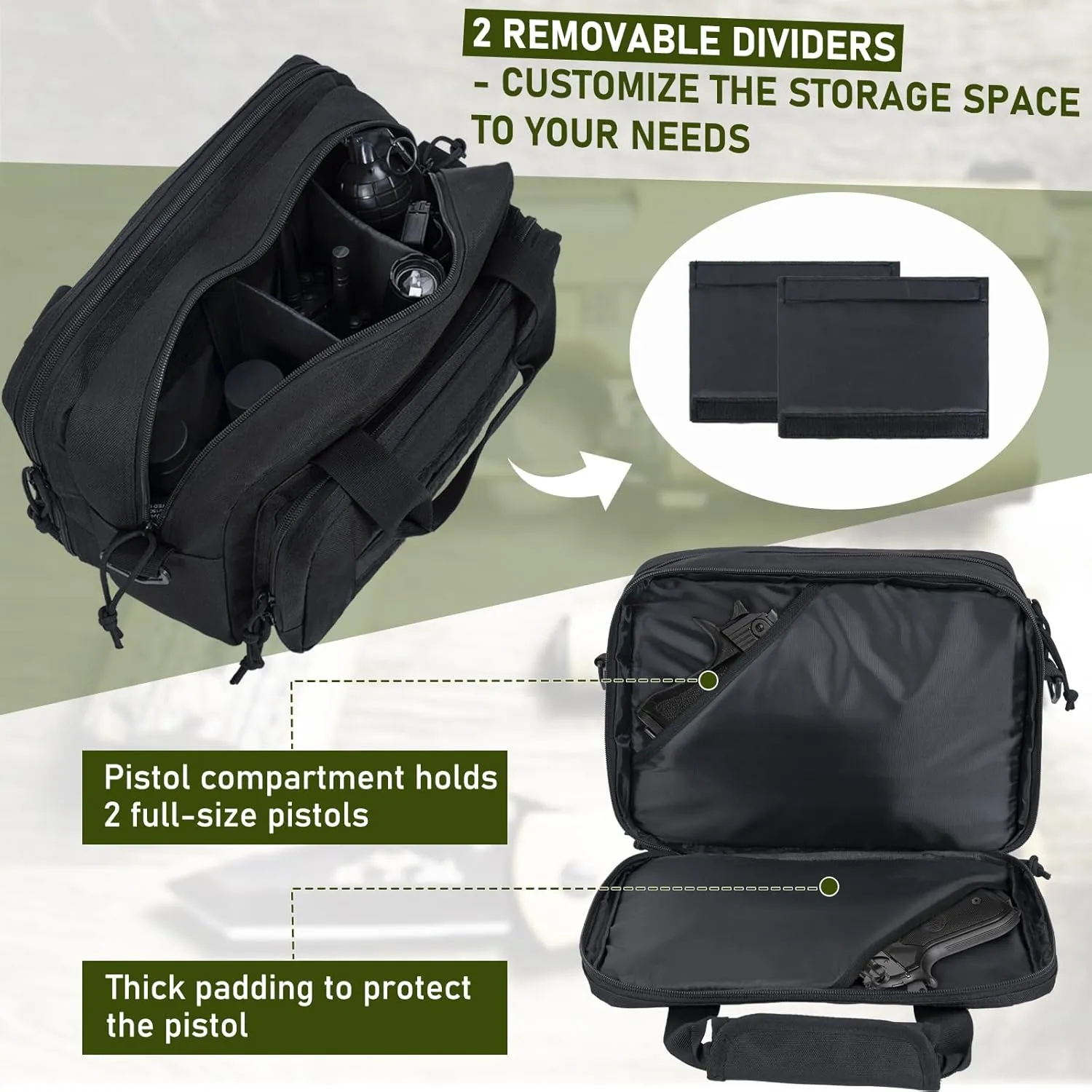 Gun Range Bag, Tactical 2 Pistol Bag for Handguns and Ammo, Firearm Shooting Case with Multi-Pockets, Duffle Bag for Shooting & Outdoor Hunting