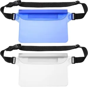 HARFINGTON 2pcs Waterproof Pouch Waterproof Fanny Pack Floating Waterproof Bag with Adjustable Waist Strap for Travel Beach Swimming Kayaking Boating Pool Accessories, Clear Blue Clear White