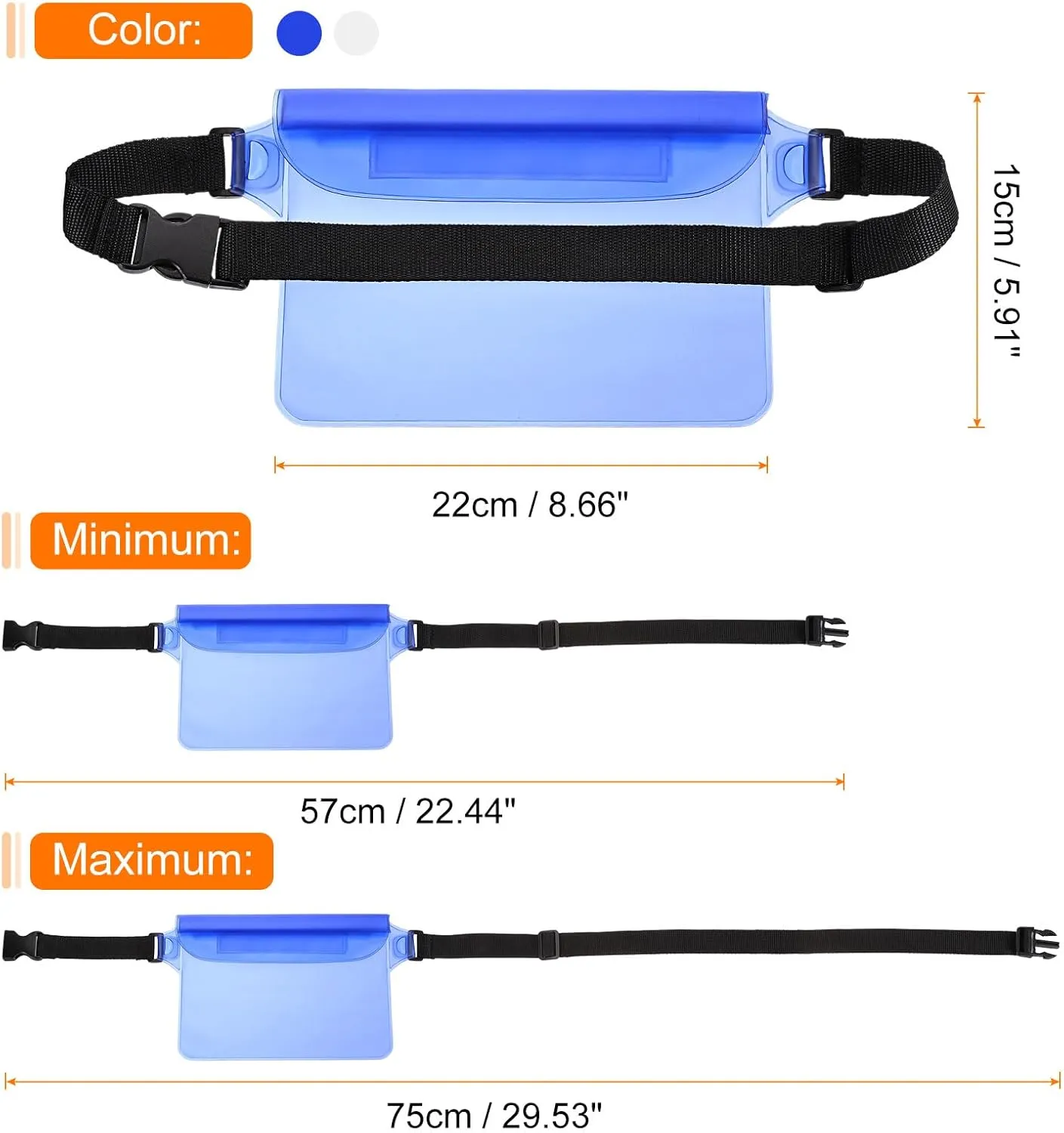 HARFINGTON 2pcs Waterproof Pouch Waterproof Fanny Pack Floating Waterproof Bag with Adjustable Waist Strap for Travel Beach Swimming Kayaking Boating Pool Accessories, Clear Blue Clear White