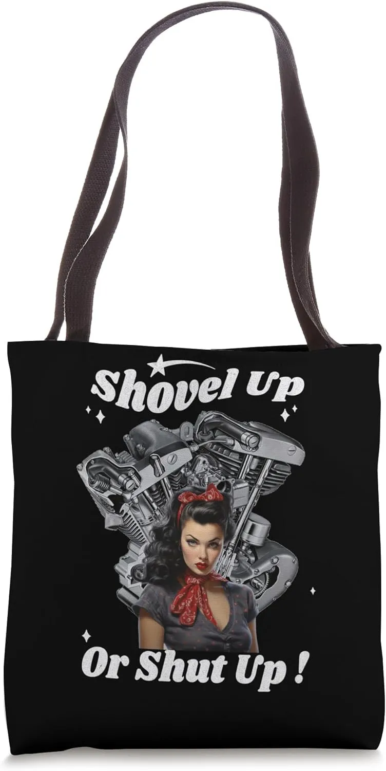 HD Shovelhead VTwin Shovel Up Or Shut Up Retro Beauty Pinup Tote Bag