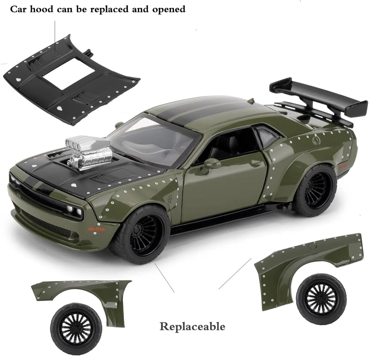 Hellcat DIY Disassembly Toy Car 1:36 Dodge Challenger SRT Building Kit for Kids Ages 3  Diecast Model Cars with Open Doors STEM Learning Gift for Boys Girls Ages 4-7(Green)