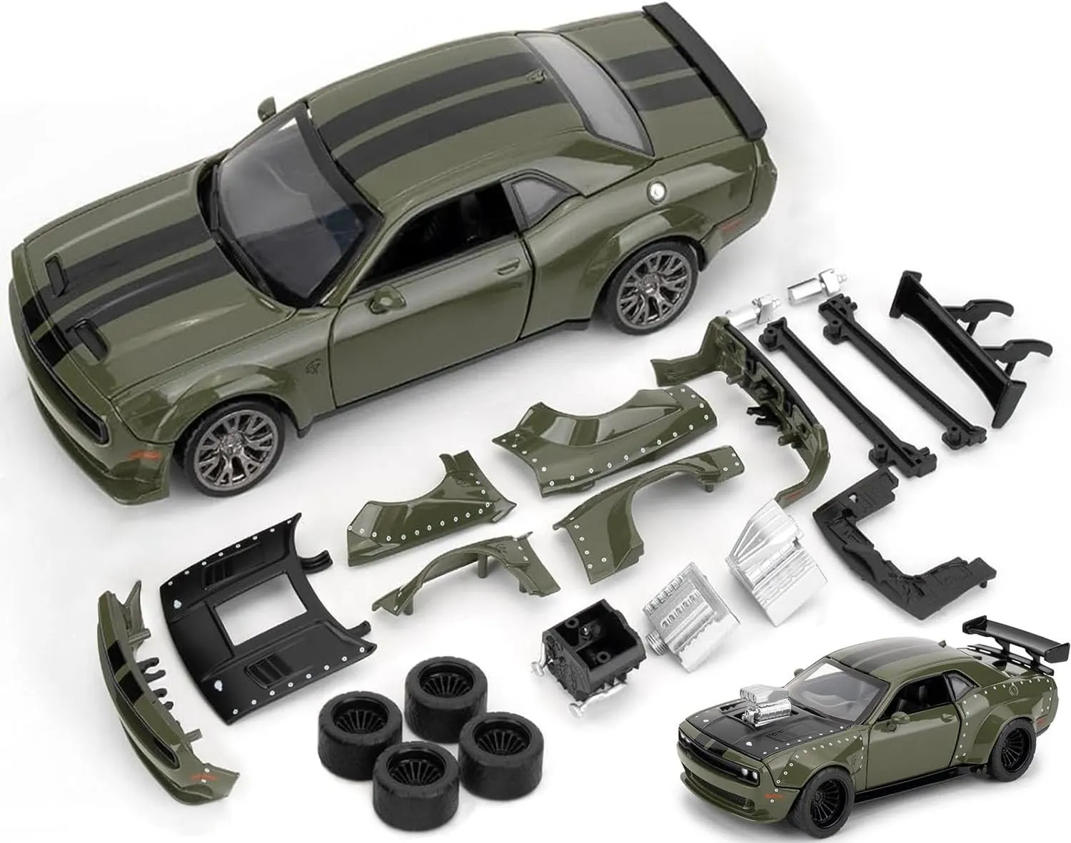 Hellcat DIY Disassembly Toy Car 1:36 Dodge Challenger SRT Building Kit for Kids Ages 3  Diecast Model Cars with Open Doors STEM Learning Gift for Boys Girls Ages 4-7(Green)