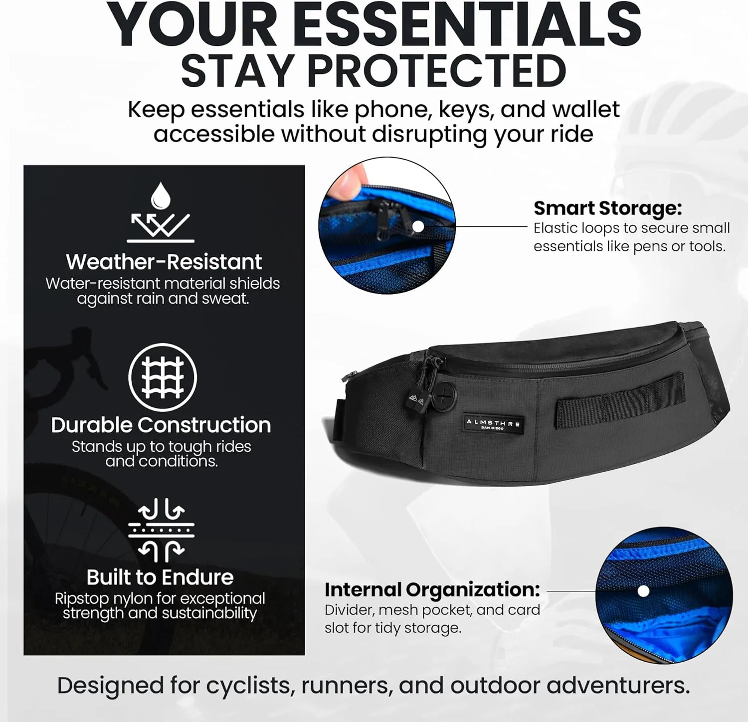 Hip Pack - Midnight Black | Durable & Waterproof Fanny Pack for Cyclists | Adjustable Fit with Organized Storage | Recycled Ripstop Nylon for Biking, Hiking, and Everyday Carry
