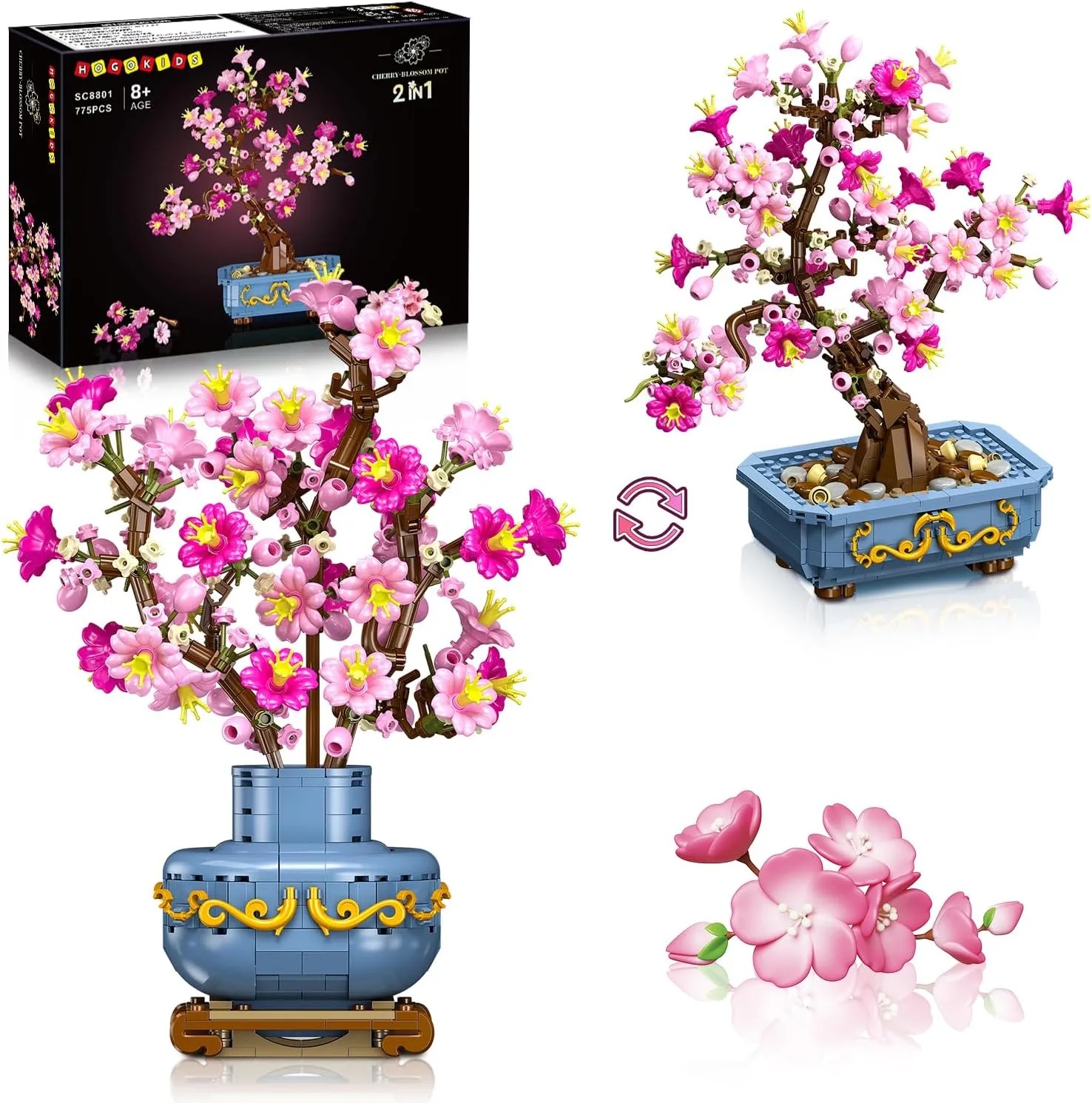 HOGOKIDS Flowers Cherry-Blossom Bonsai Building Set - 2 in 1 Artificial Bonsai Tree Plants for Home Decor & Display Cherry Botanical Flowers Building Toy Birthday Gift for Adults Teens Kids(775PCS)