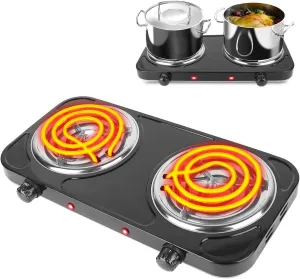 Hot Plate, Double Burner, 2000W Portable Electric Stove for Cooking with 5 Levels Adjustable Temperature & Dual Control, Countertop Double Coil Burner Cast Iron Cooktop for All Cookwares Home Camp RV