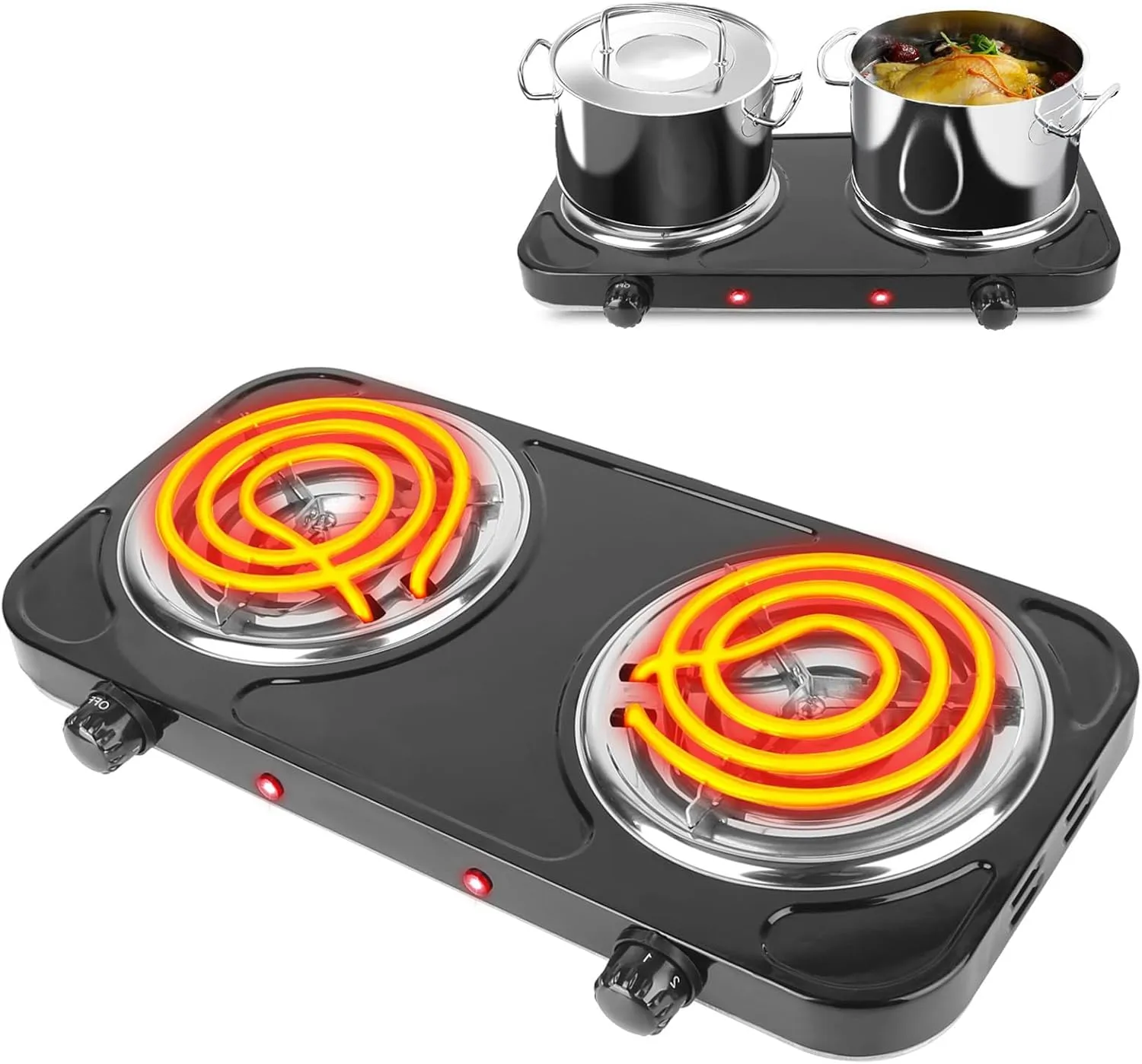 Hot Plate, Double Burner, 2000W Portable Electric Stove for Cooking with 5 Levels Adjustable Temperature & Dual Control, Countertop Double Coil Burner Cast Iron Cooktop for All Cookwares Home Camp RV