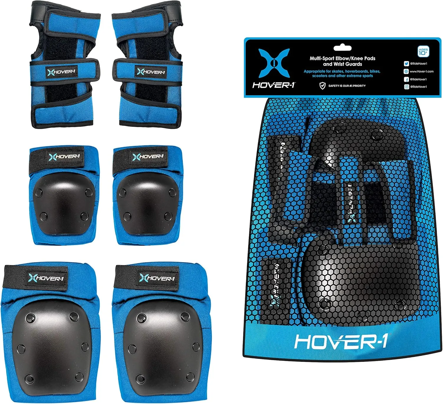Hover-1 Nylon Protective Elbow Pads | Knee Pads & Wrist Guards, For Ages Above 8, Hard PP Shells Impact Resistance & EVA Foam Padding, Large, Blue