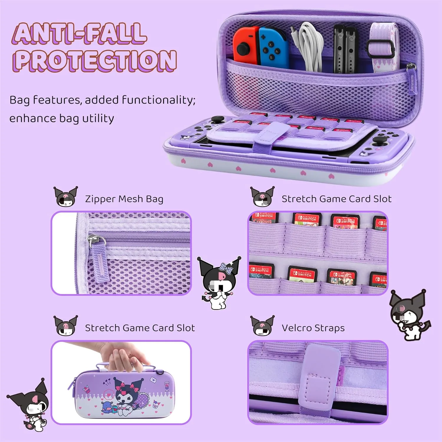 HYPERCASE Cute Switch OLED Carrying Case of Purple Bunny, with Hard Protective Cover for OLED Console, Screen Protector, Shoulder Strap & 2 Thumb Caps