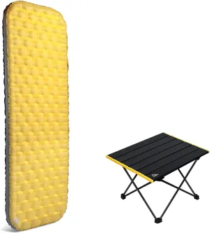 iClimb 1 Folding Table and 1 Stable Comfortable Air Sleeping Pad Bundle, Ultralight Compact for Solo Adult Outdoor Camping Hiking Backpacking Beach Concert
