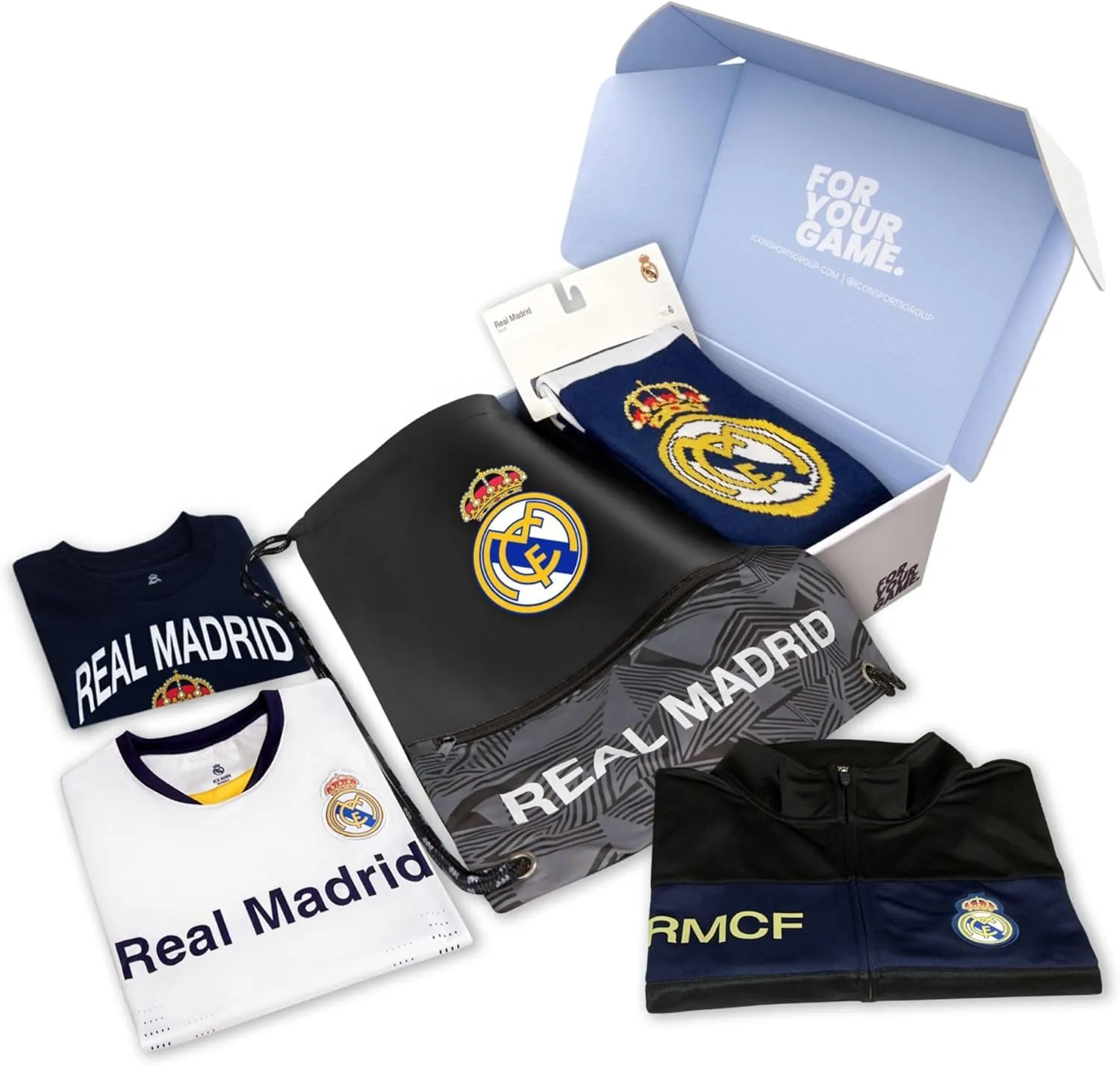 Icon Sports Ultimate Fan Pack: Officially Licensed CF Real Madrid Soccer Bag, Scarf, Jacket & Shirts 5 Piece Value Set