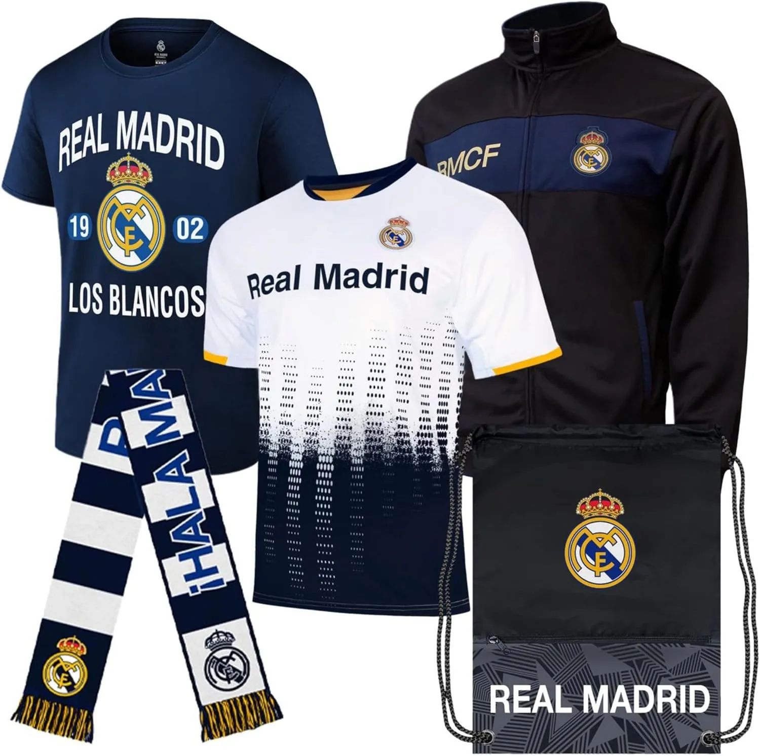 Icon Sports Ultimate Fan Pack: Officially Licensed CF Real Madrid Soccer Bag, Scarf, Jacket & Shirts 5 Piece Value Set