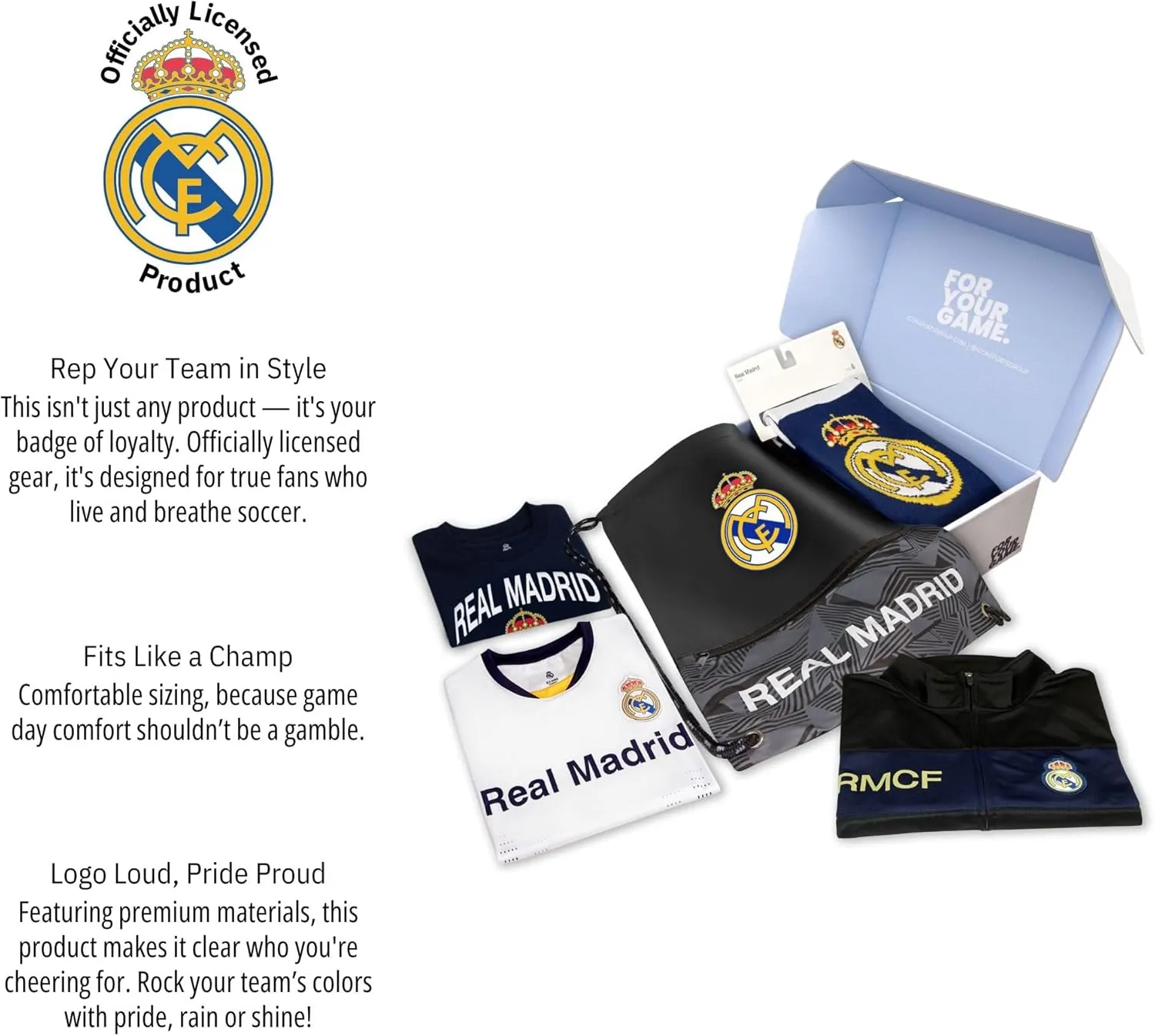 Icon Sports Ultimate Fan Pack: Officially Licensed CF Real Madrid Soccer Bag, Scarf, Jacket & Shirts 5 Piece Value Set