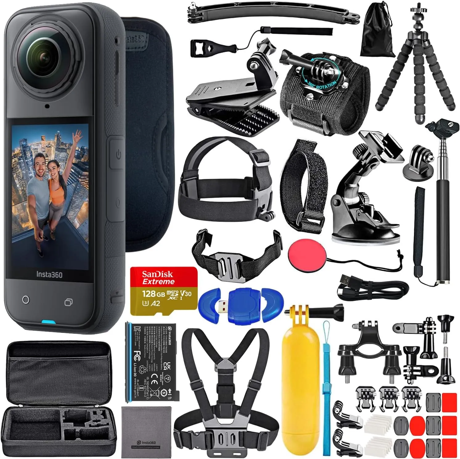 Insta360 X5 8K 360 Waterproof Action Camera with PureVideo AI, Stabilization, 185-Min Battery Life (CINSAAHA_X501)   50-in-1 Accessory Kit   128GB Card   More Kit