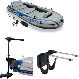 Intex Excursion 5 Person Inflatable Boat Set with 2 Aluminum Oars and Pump, Intex 12V Transom Mount Boat Trolling, and Motor Mount Kit