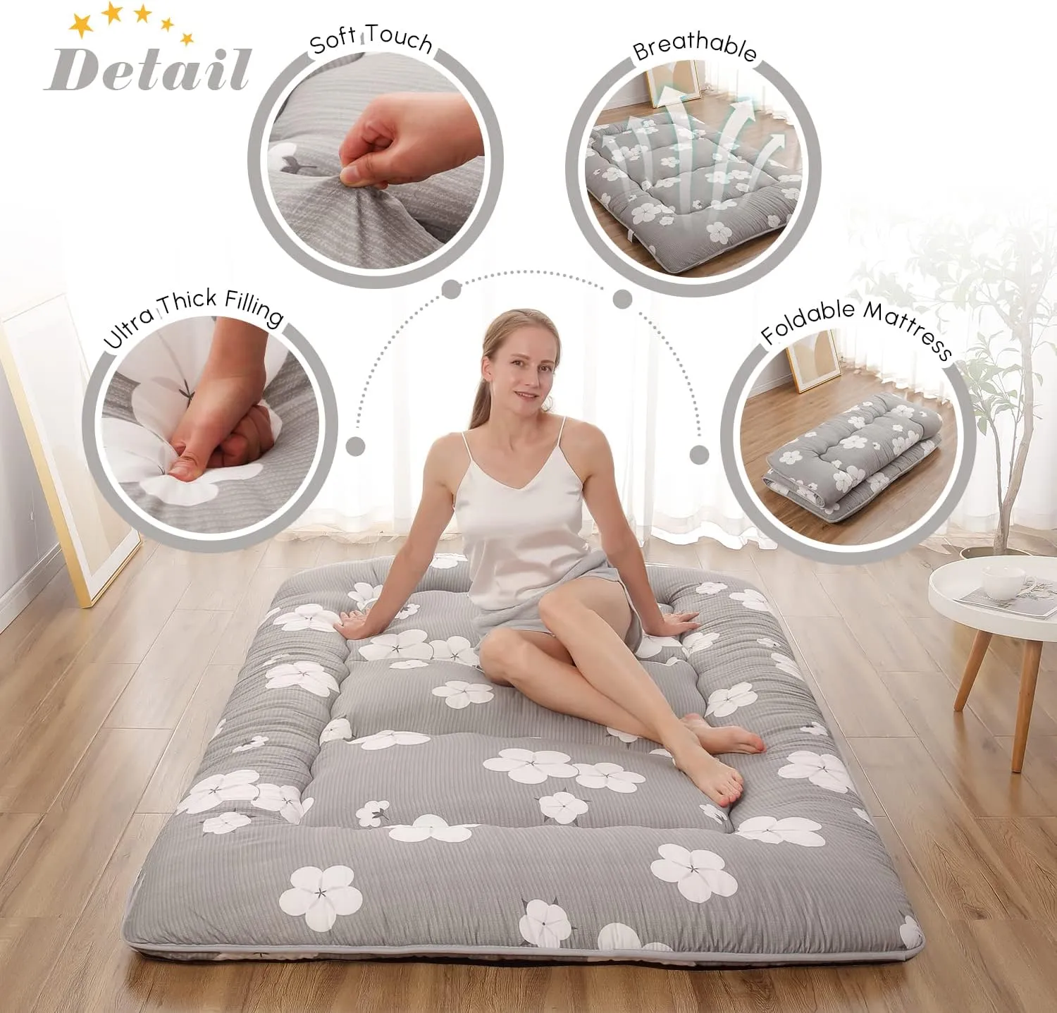 Japanese Floor Mattress, Futon Mattress with Portable Storage Bag and Washable Cover, Roll Up Thick Tatami Mat Suitable for Camping, Guest Room, Grey Cotton, Twin