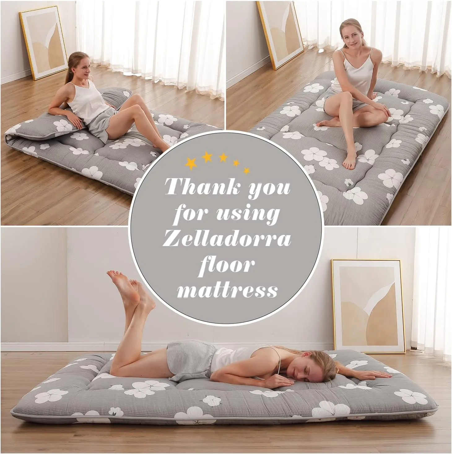 Japanese Floor Mattress, Futon Mattress with Portable Storage Bag and Washable Cover, Roll Up Thick Tatami Mat Suitable for Camping, Guest Room, Grey Cotton, Twin