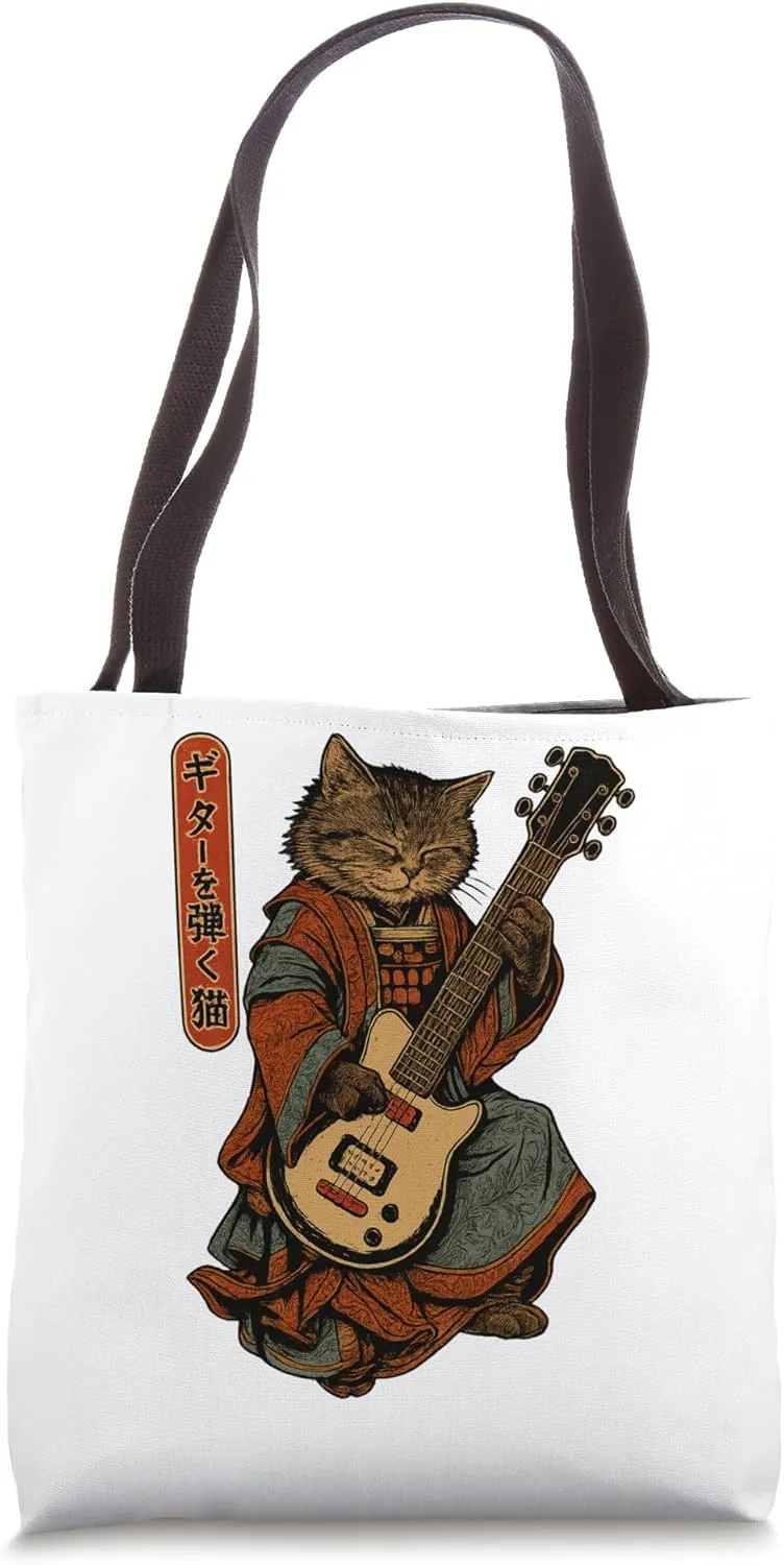 Japanese Samurai Cat Playing The Electric Guitar Rock Lover Tote Bag