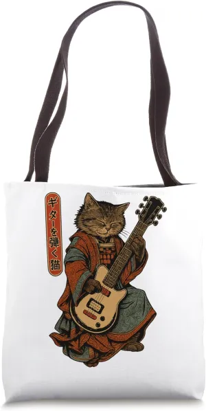 Japanese Samurai Cat Playing The Electric Guitar Rock Lover Tote Bag