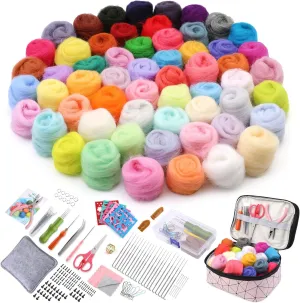 JUPEAN 215 Pcs Needle Felting Kit Wool Roving 60 Colors Set Basic Felt Tools and Supplies Wool Fiber Spinning Craft with Foam Mat Felt Molds and Storage Box for DIY Craft