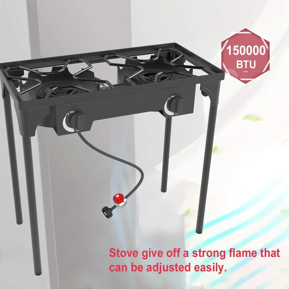 Kapas Outdoor & Indoor Portable Propane Stove, Single & Double Burners with Gas Premium Hose, Detachable Legs for Backyard Kitchen, Camping Grill, Hiking Cooking, Outdoor Recreation (DB02-Large,2 Burners)