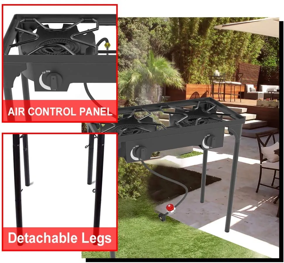 Kapas Outdoor & Indoor Portable Propane Stove, Single & Double Burners with Gas Premium Hose, Detachable Legs for Backyard Kitchen, Camping Grill, Hiking Cooking, Outdoor Recreation (DB02-Large,2 Burners)