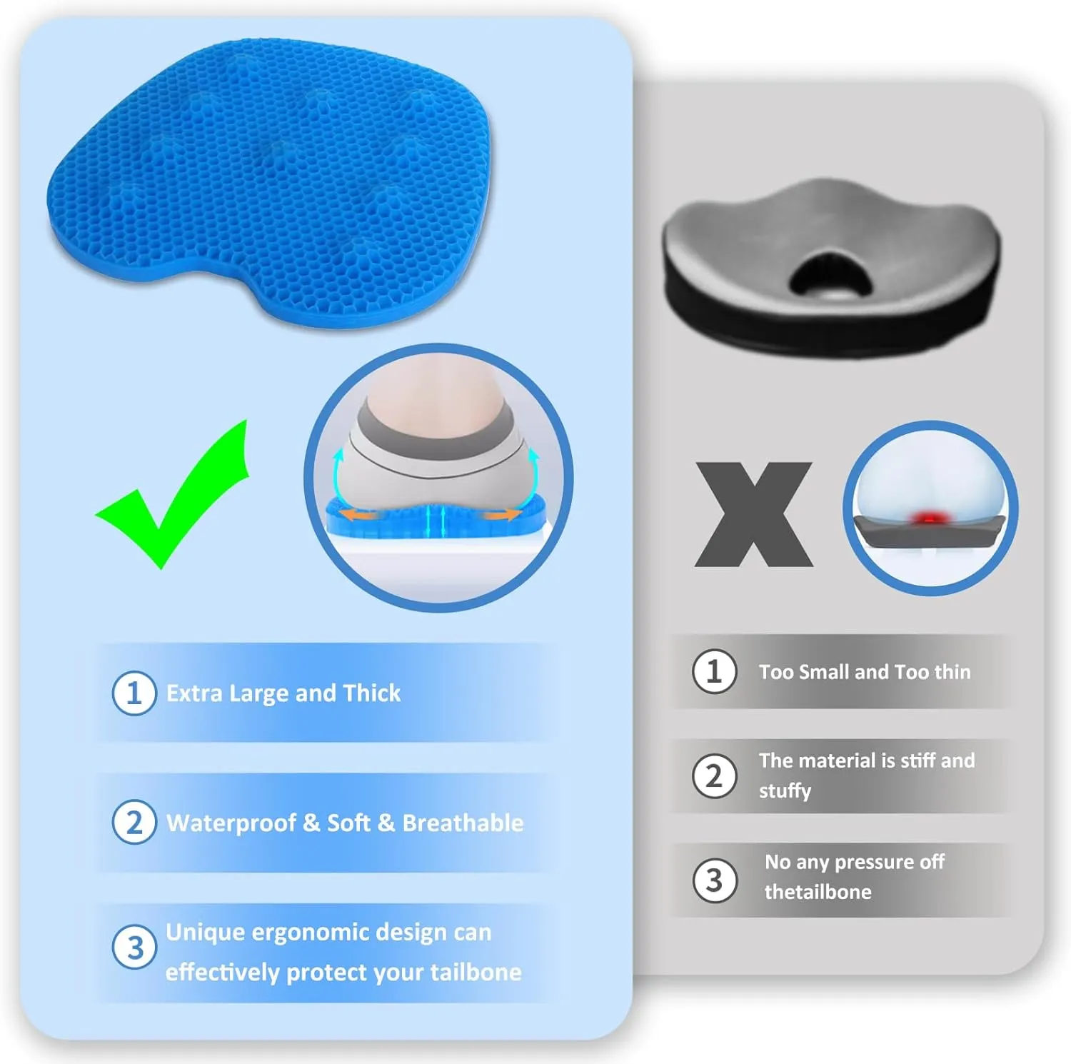 Kayak Seat Cushion, Extra Large Anti Slip Thicken Gel Kayak Seat Pad Breathable Waterproof Kayak Cushion for Sit in Kayaks Canoe and Boat, Lifetime Kayak Accessories Equipment Gear for Fishing Kayak
