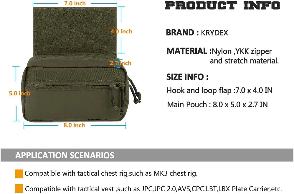 KRYDEX Tactical Drop Pouch Sub Abdominal Carrying Kit Bag Fanny Pack with Hook and Loop Panel for Tactical Vest Chest Rig (Ranger Green)